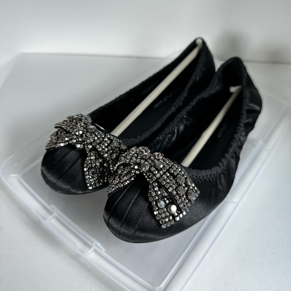 Jill Stuart Crystal Bow Black Satin Ballet Flats
